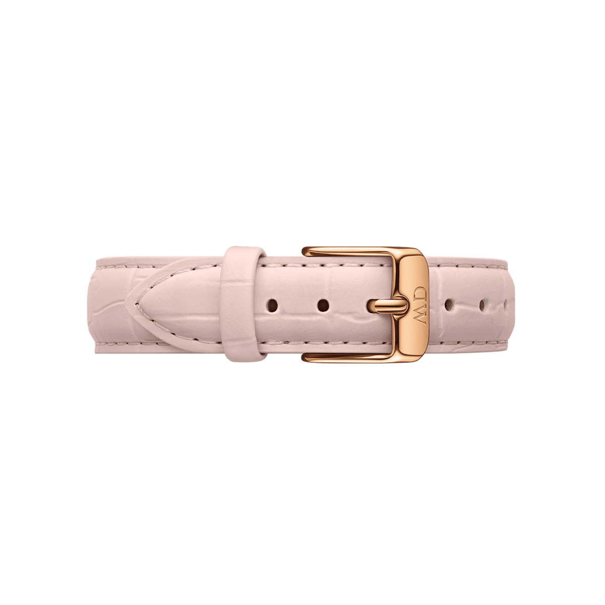 Blush pink croc embossed Italian leather watch strap with a slim profile, featuring a polished rose gold buckle engraved with the Daniel Wellington logo.