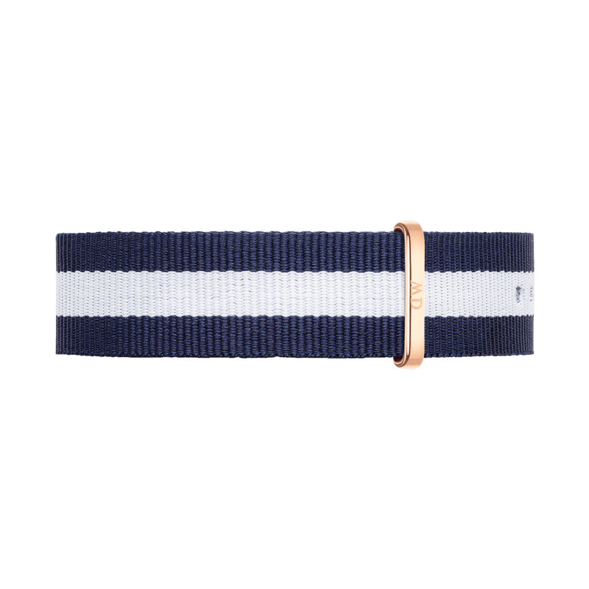 Navy and white striped NATO watch strap with a rose gold buckle, crafted from durable polyester and designed for Daniel Wellington timepieces.