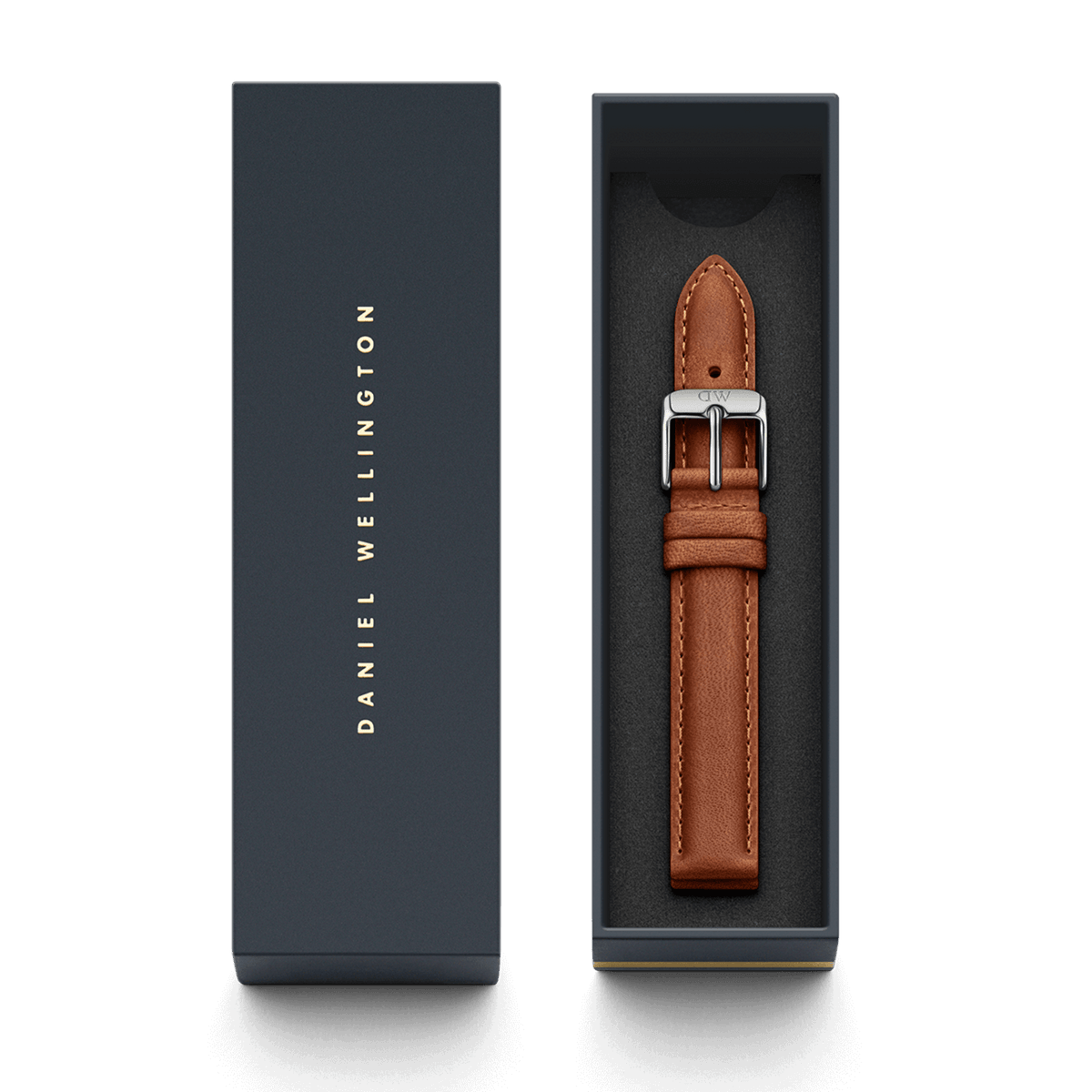 Durham Strap Silver light brown leather watch strap with silver buckle, presented in Daniel Wellington gift box packaging.