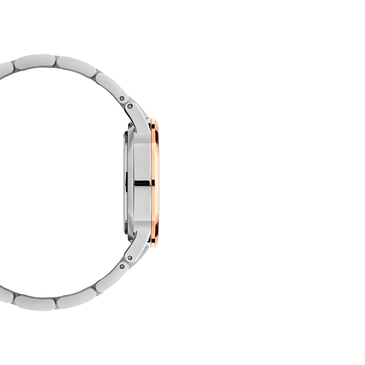 Side profile of the Iconic Link Lumine watch, highlighting its slim round case with rose gold-plated accents and a polished two-tone stainless steel bracelet.