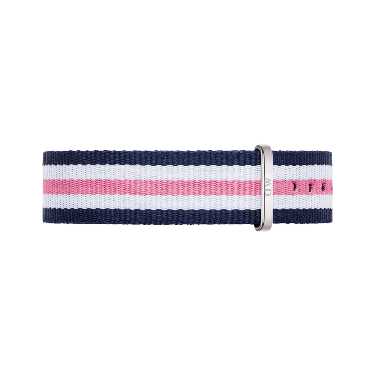 Navy, white, and pink striped NATO watch strap with a polished silver buckle, crafted from durable polyester for a comfortable and stylish fit.