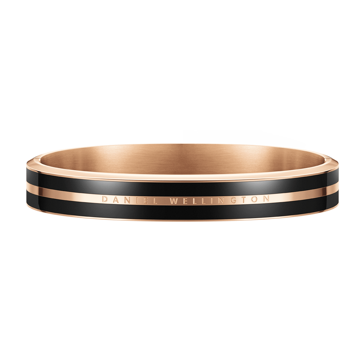Rose gold and black enamel Daniel Wellington Emalie Infinite bangle with dual enamel ribbons, polished finish, and subtle brand engraving.