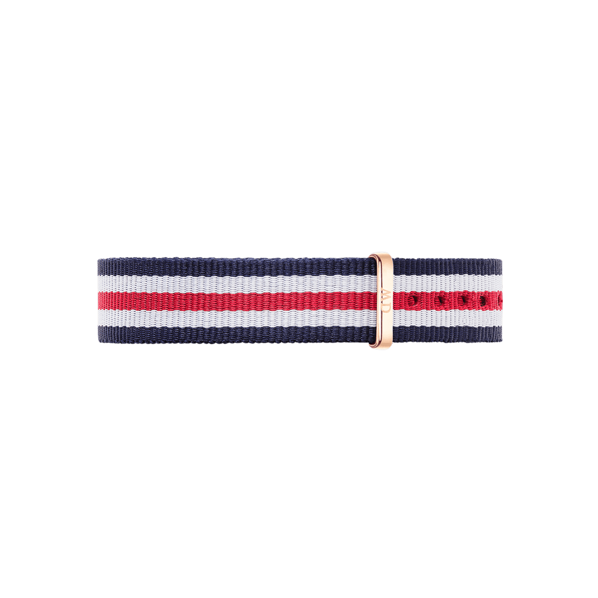 Daniel Wellington Canterbury Strap Rose Gold featuring navy, white, and red stripes with a sleek rose gold buckle, crafted from durable polyester for a classic and versatile watch upgrade.