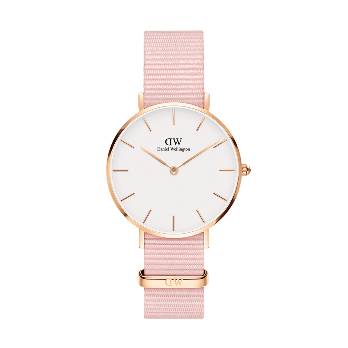 Rose gold women’s watch with a slim case, minimalist white dial, and a soft pink NATO fabric strap.