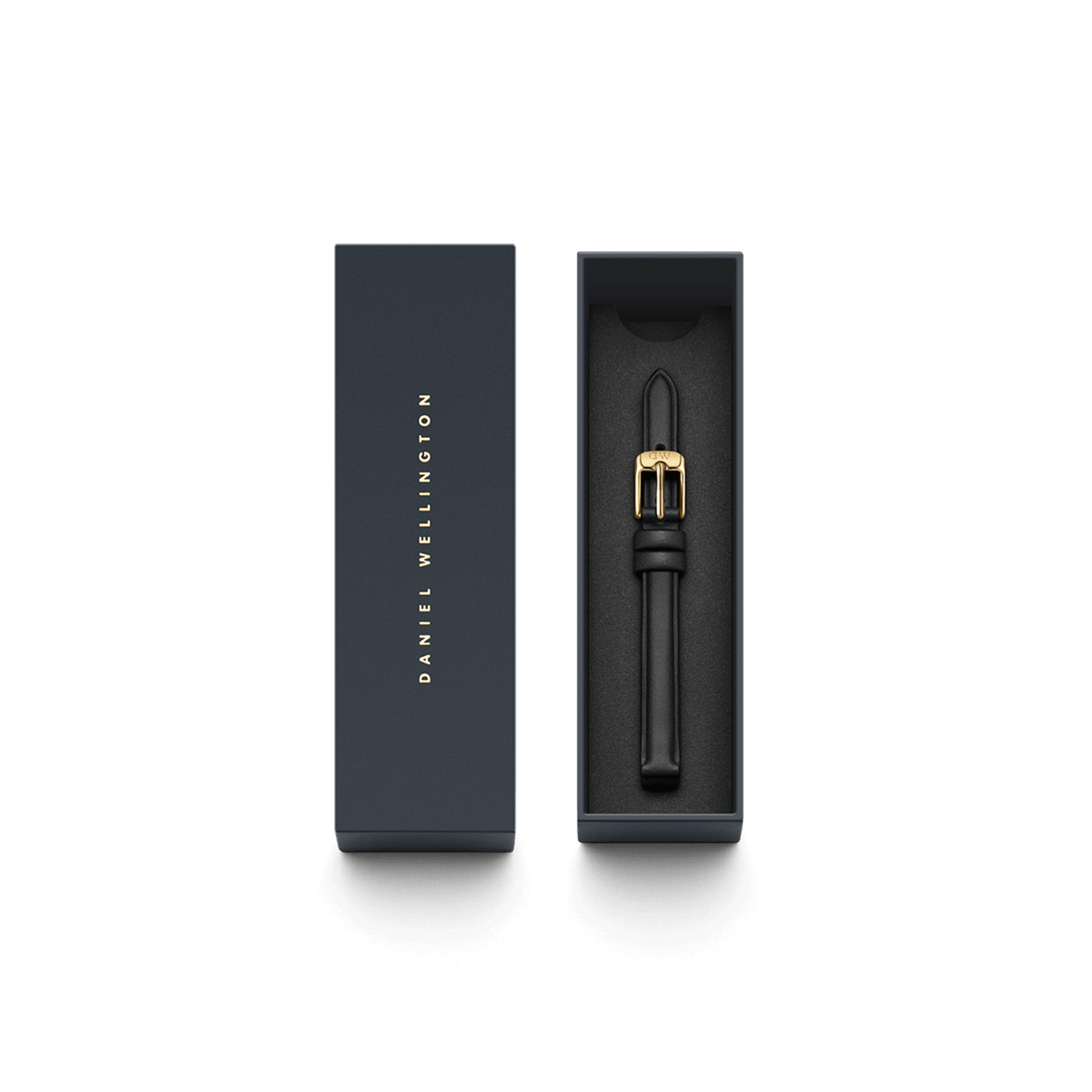 Pressed Sheffield Strap Gold displayed in a sleek navy Daniel Wellington box, featuring a slim black leather watch strap with a polished gold buckle and minimalist detailing.