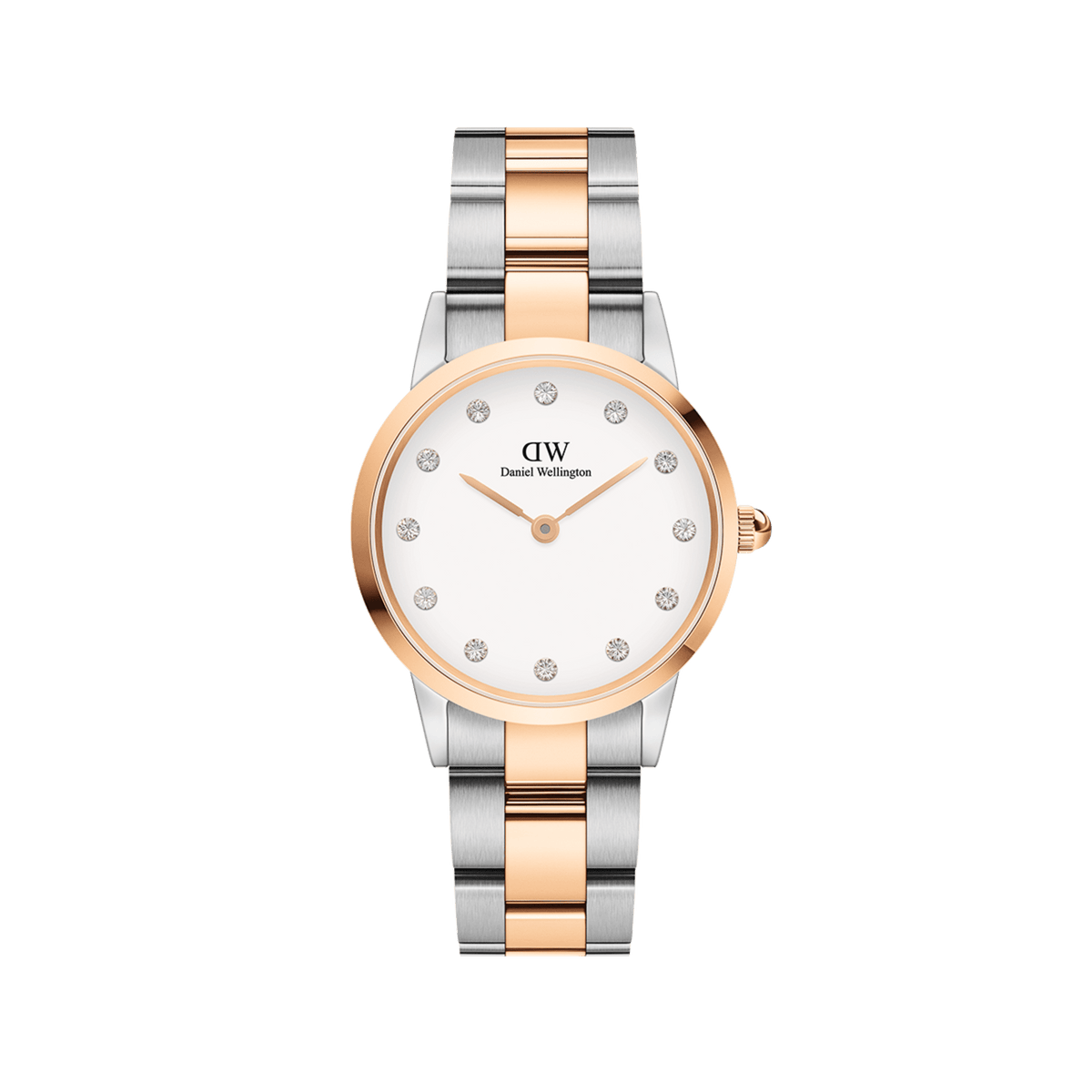 Daniel Wellington Iconic Link Lumine watch with an eggshell white dial, crystal hour markers, and a polished two-tone stainless steel bracelet featuring rose gold-plated highlights.