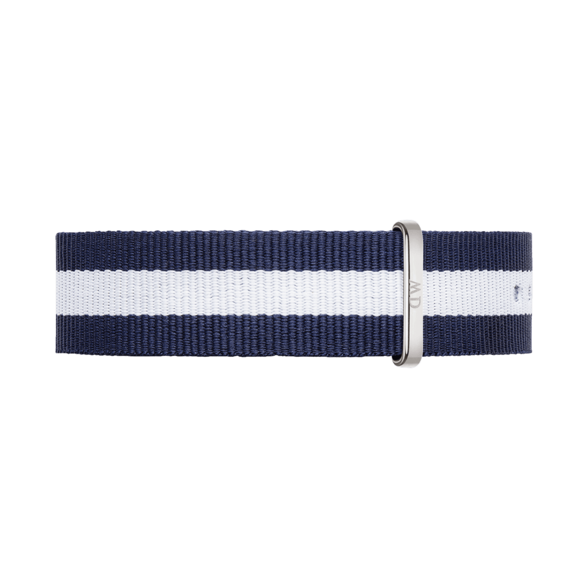 Navy and white striped NATO watch strap made from durable polyester, featuring a polished silver buckle and a sleek, modern design.
