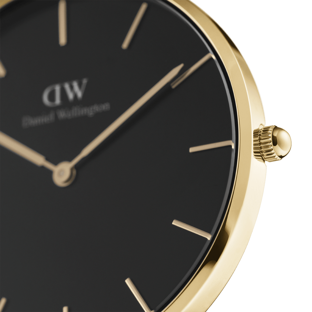 Close-up of Petite Evergold women’s watch with gold case, black minimalist dial, and gold hour markers by Daniel Wellington.