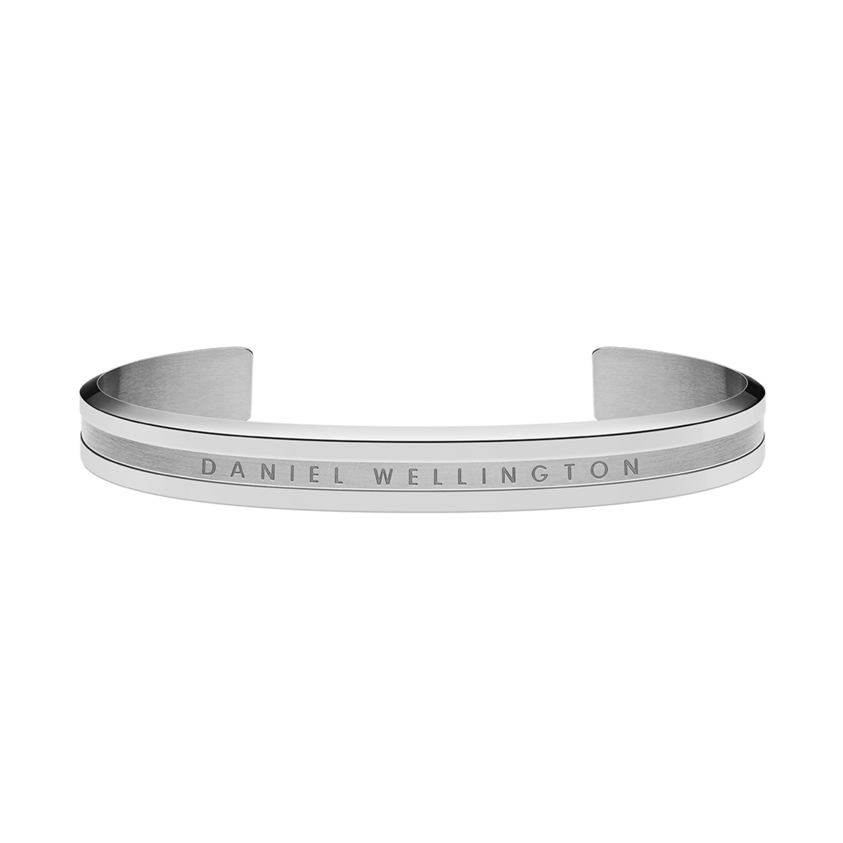 Sleek silver Daniel Wellington cuff bracelet with a polished finish, brushed centre detail, and engraved logo on the front.