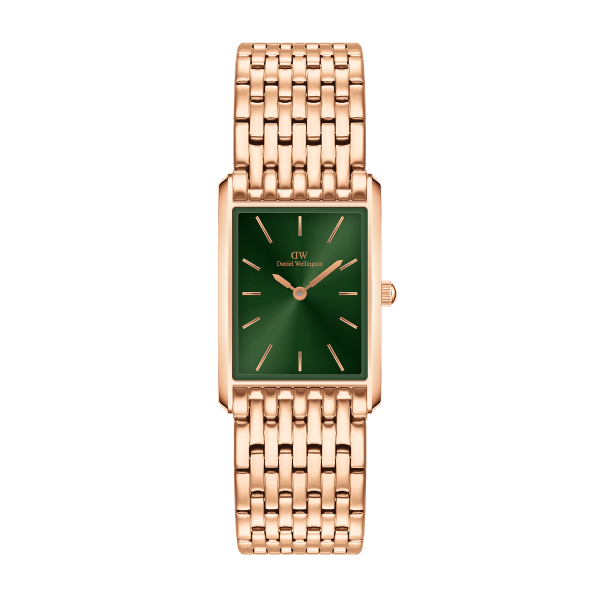 Rectangular rose gold women’s watch with a 9-link bracelet and an emerald green sunray dial featuring minimalist hour markers.