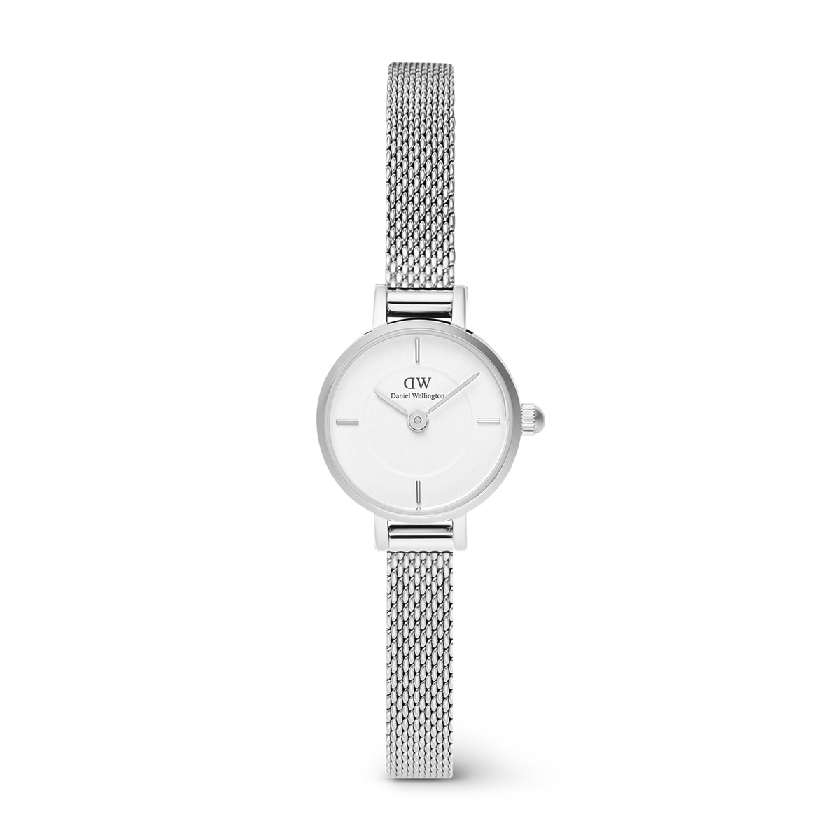 Petite Mini Sterling women’s silver watch with 19mm round case, minimalist white dial, and fine mesh stainless steel strap.