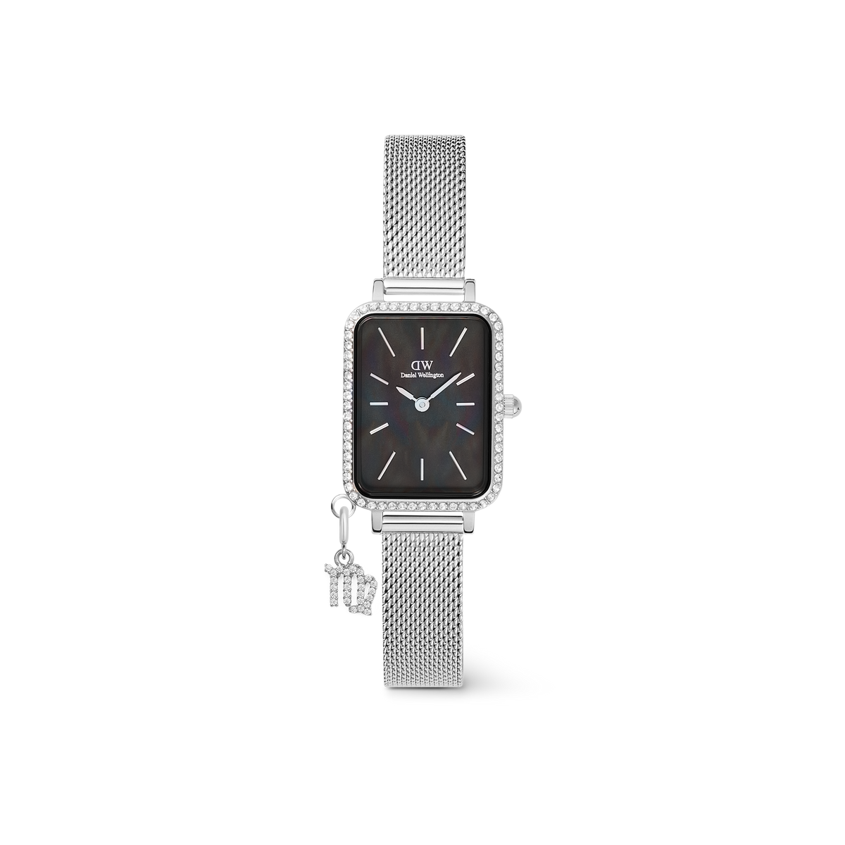 Contemporary women’s silver watch with a rectangular crystal-set bezel, black mother of pearl dial, and a silver mesh strap adorned with a sparkling zodiac charm.