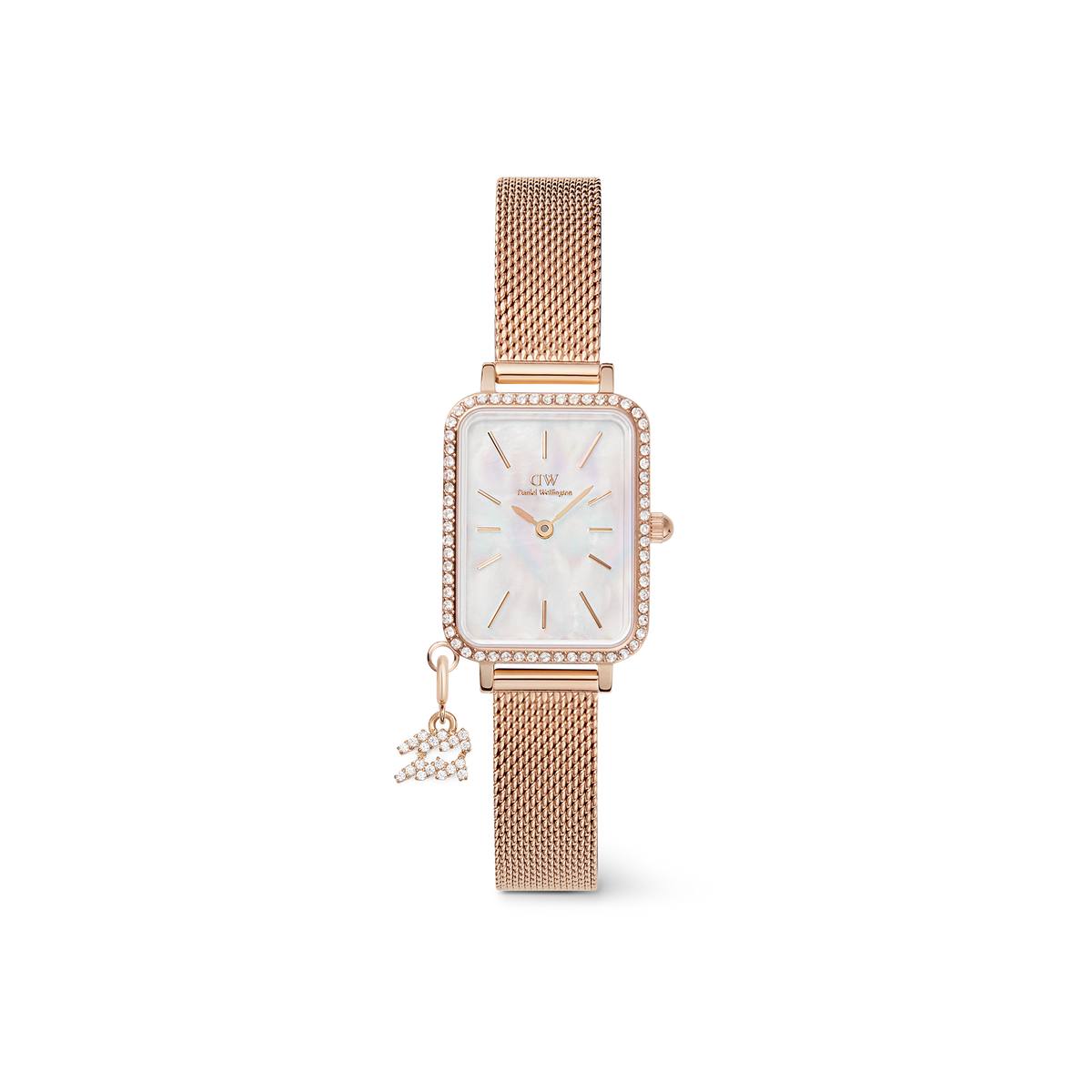 Quadro Crystal Zodiac Melrose Set featuring a rectangular rose gold case with a crystal-set bezel, white mother of pearl dial, rose gold mesh strap, and a sparkling zodiac charm attached.