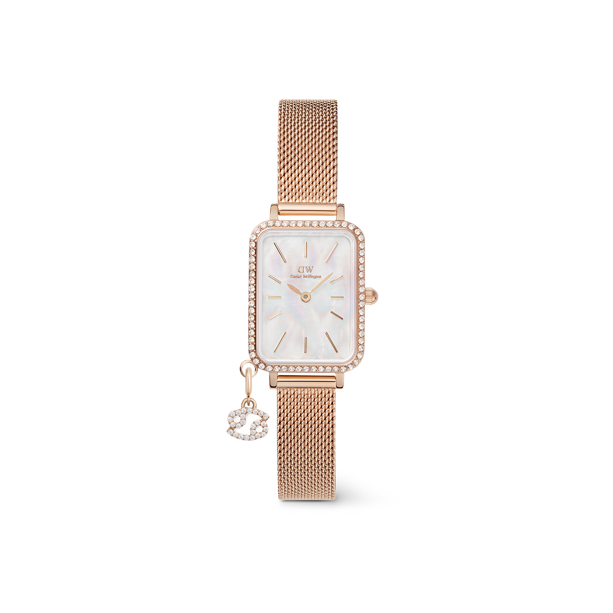 Quadro Crystal Zodiac Melrose Set with a rectangular rose gold case, crystal-set bezel, white mother of pearl dial, rose gold mesh strap, and a sparkling zodiac charm attached to the bracelet.
