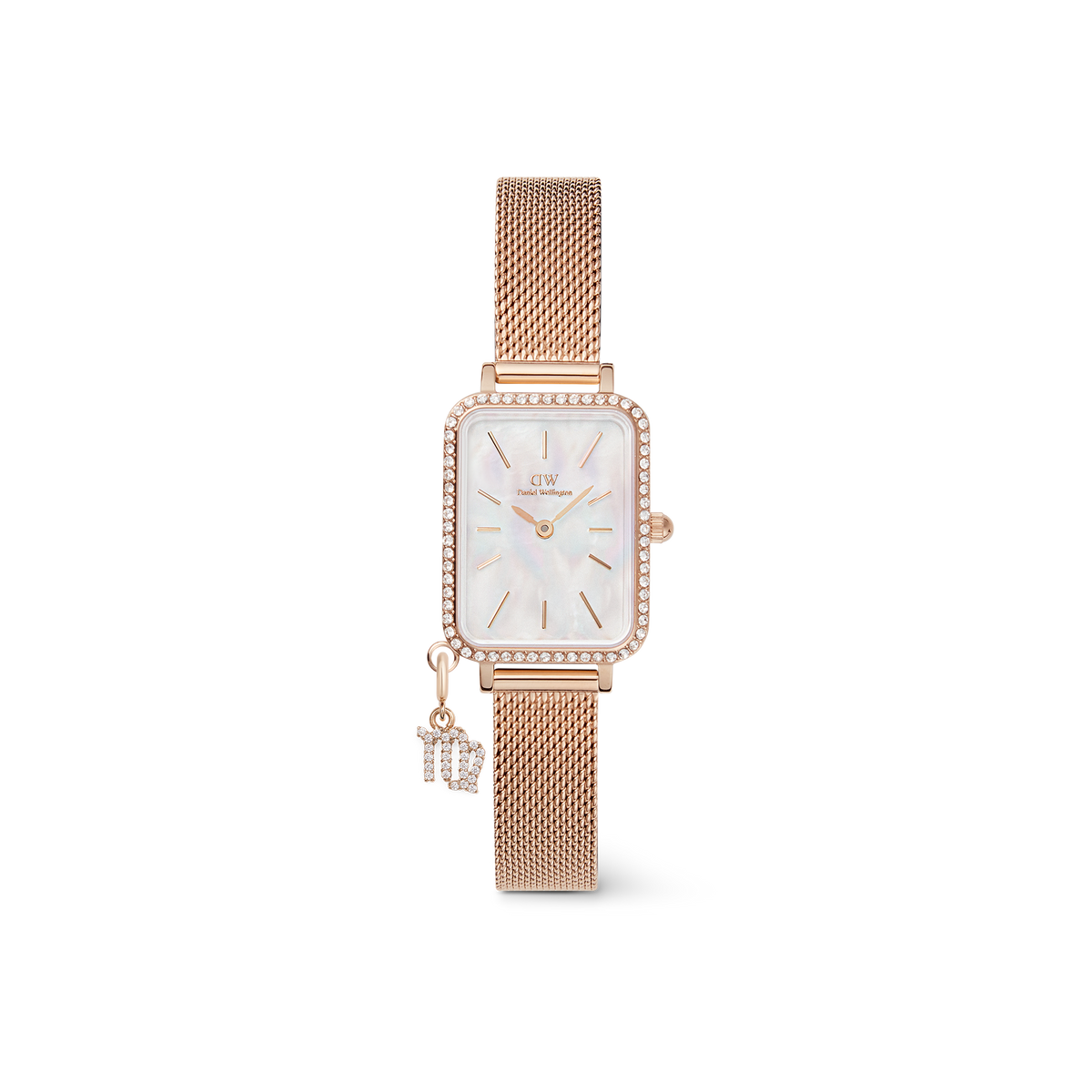 Rose gold women’s watch with a rectangular crystal-set bezel, white mother of pearl dial, and a rose gold mesh strap, finished with a sparkling Virgo zodiac charm.