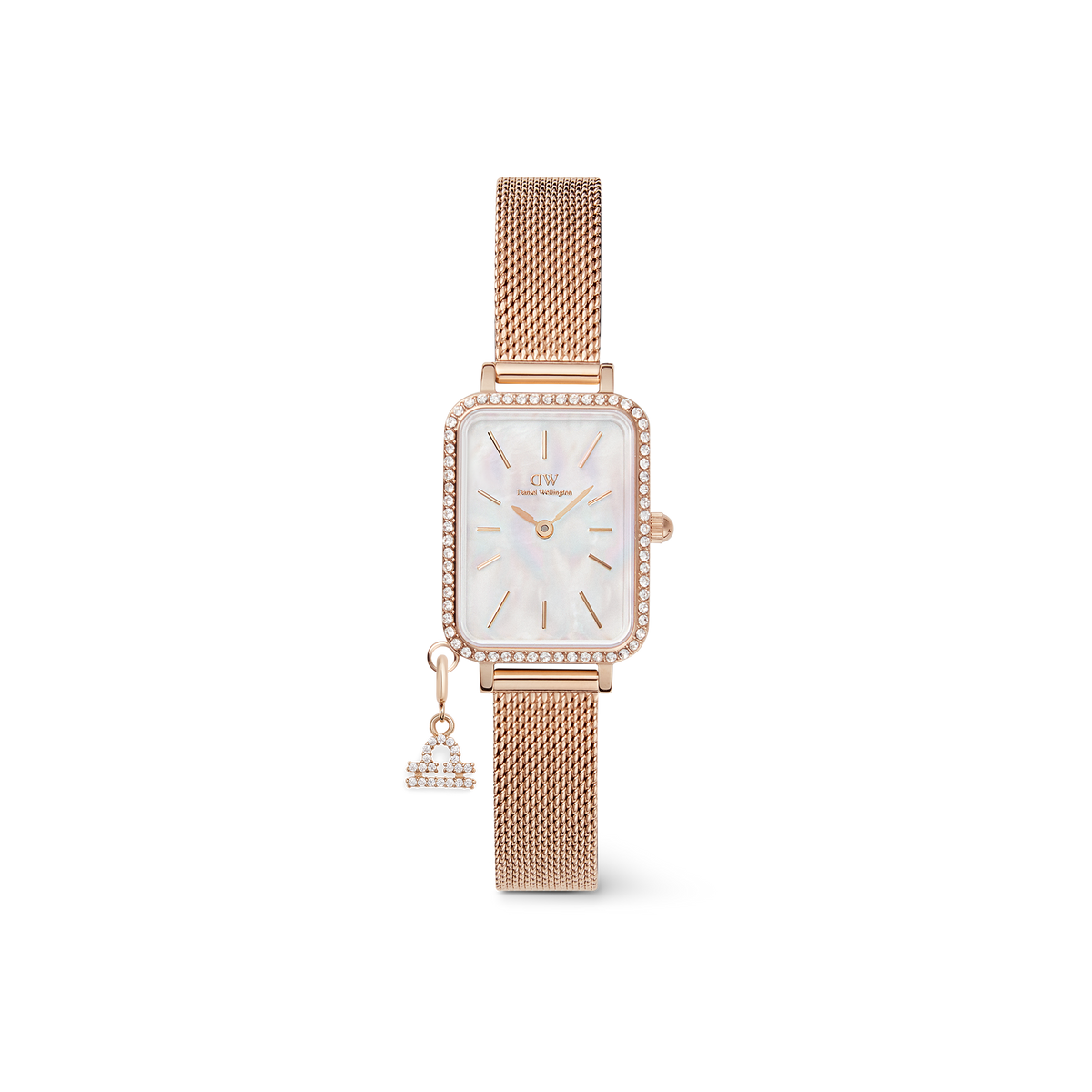 Rose gold rectangular women’s watch with a crystal-set bezel, white mother of pearl dial, and a rose gold mesh strap, finished with a sparkling Libra zodiac charm on the band.