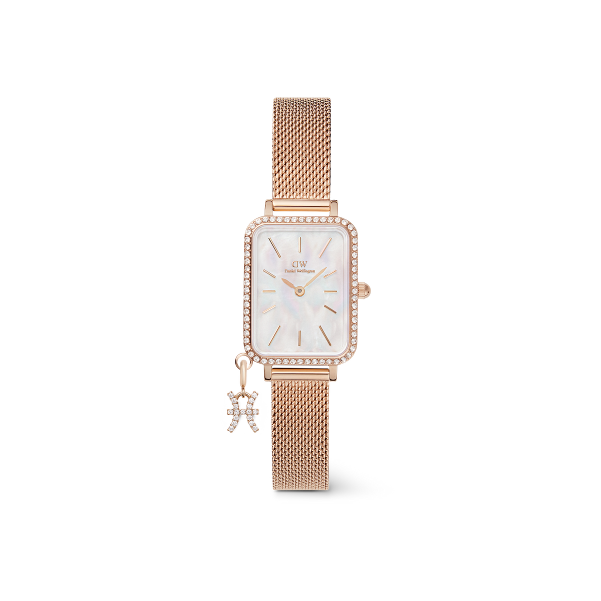 Elegant women’s rectangular rose gold watch with a crystal-set bezel, white mother of pearl dial, and a rose gold mesh strap, adorned with a sparkling Pisces zodiac charm.