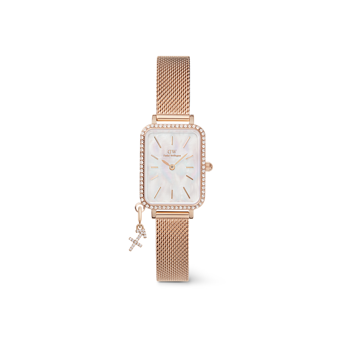 Rose gold rectangular women’s watch with a crystal-set bezel, white mother of pearl dial, and a rose gold mesh strap, finished with a sparkling Sagittarius zodiac charm on the band.