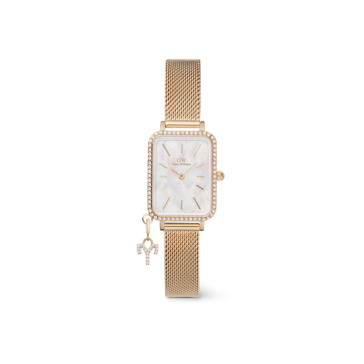 Quadro Crystal Zodiac Evergold Set with a rectangular gold case, crystal-set bezel, white mother of pearl dial, gold mesh strap, and an interchangeable zodiac charm attached to the bracelet.