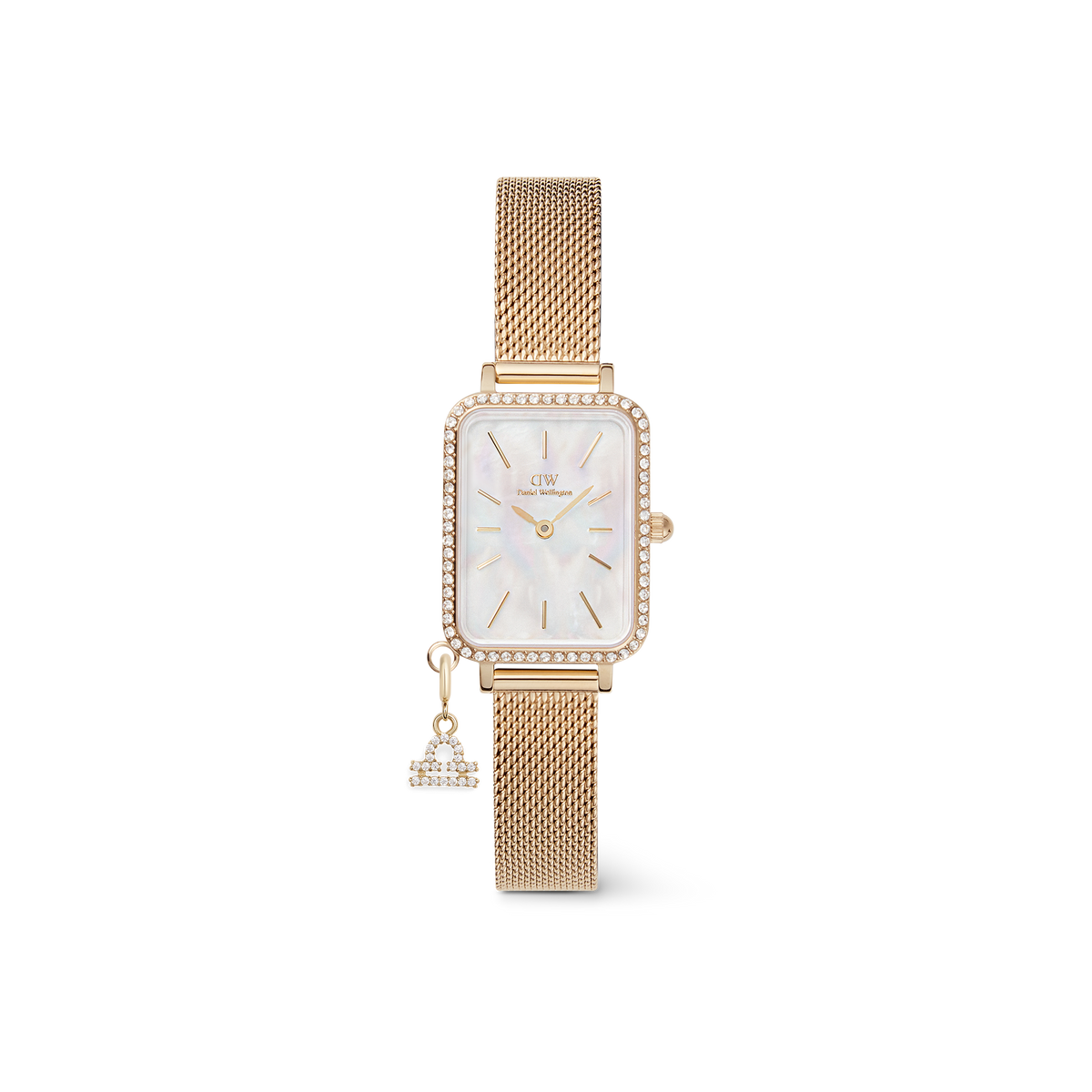 Refined gold women’s watch with a rectangular crystal bezel, white mother of pearl dial, and an adjustable gold mesh strap, finished with a sparkling crystal zodiac charm.