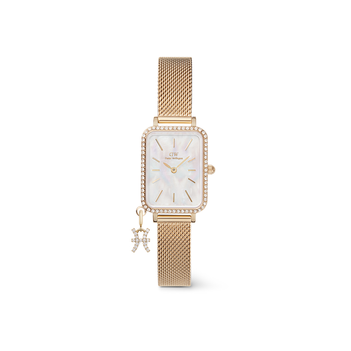 Gold rectangular women’s watch with a crystal-studded bezel, white mother of pearl dial, and an adjustable gold mesh strap, finished with a sparkling crystal zodiac charm.