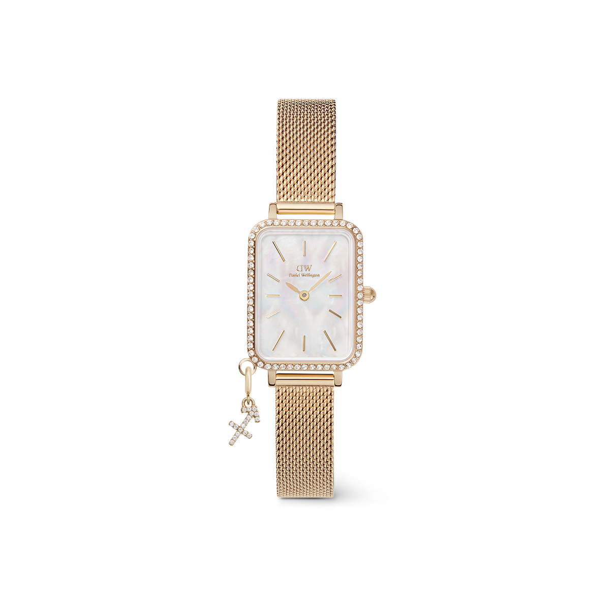 Gold rectangular women’s watch with a crystal-embellished bezel, white mother of pearl dial, and an adjustable gold mesh strap, finished with a sparkling crystal zodiac charm.
