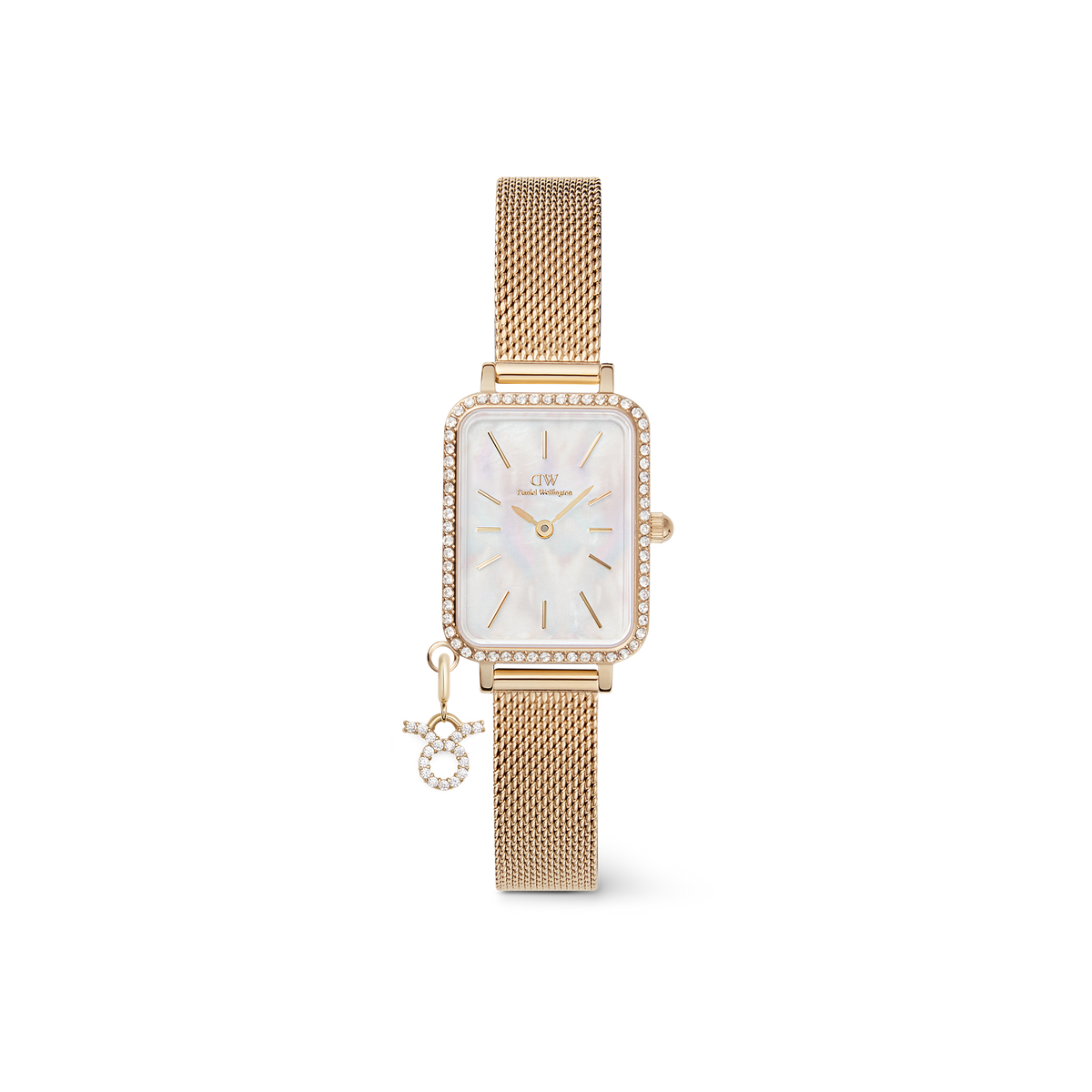 Gold rectangular women’s watch with a crystal bezel, white mother of pearl dial, and an adjustable gold mesh strap, finished with a sparkling crystal zodiac charm for a personalised accent.
