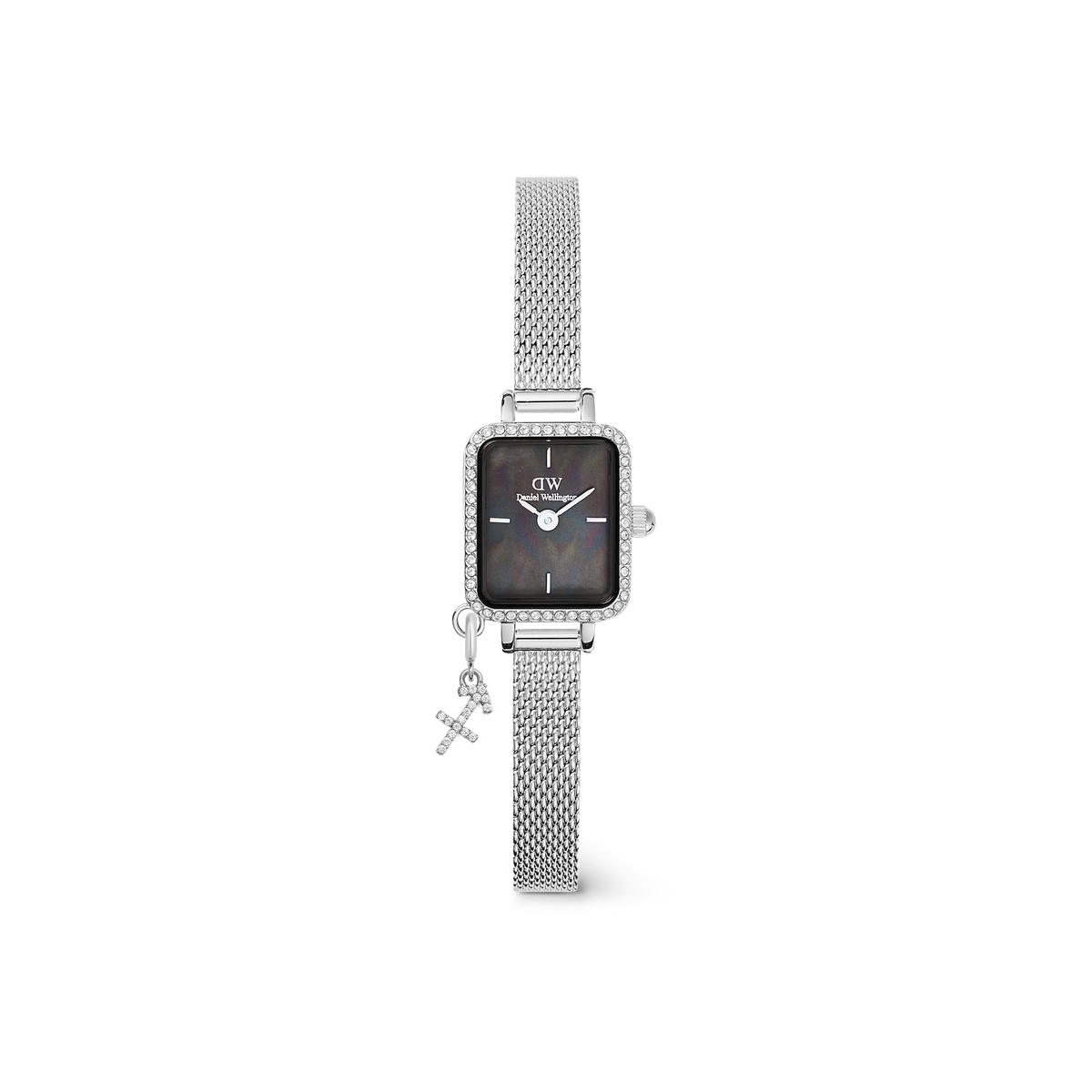 Quadro Mini Crystal Zodiac Sterling Set with a rectangular black mother of pearl dial, crystal-encrusted bezel, silver mesh strap, and a detachable zodiac charm, offering a chic and personalised look for women.