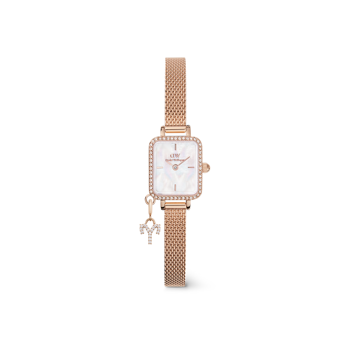 Quadro Mini Crystal Zodiac Melrose Set with a rose gold mesh strap, rectangular crystal-framed case, white mother of pearl dial, and a sparkling zodiac charm for a personalised, elegant touch.