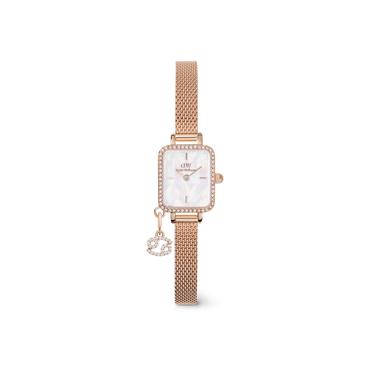 Quadro Mini Crystal Zodiac Melrose Set featuring a rose gold mesh strap, rectangular crystal-set case, white mother of pearl dial, and a sparkling zodiac charm for a personalised, feminine look.