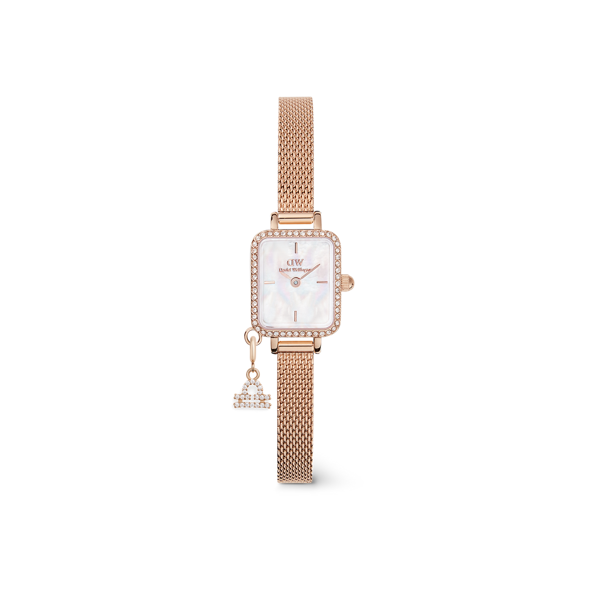 Elegant rose gold women’s watch with a rectangular crystal-set case, white mother of pearl dial, and a fine mesh strap, finished with a sparkling zodiac charm for a personalised look.