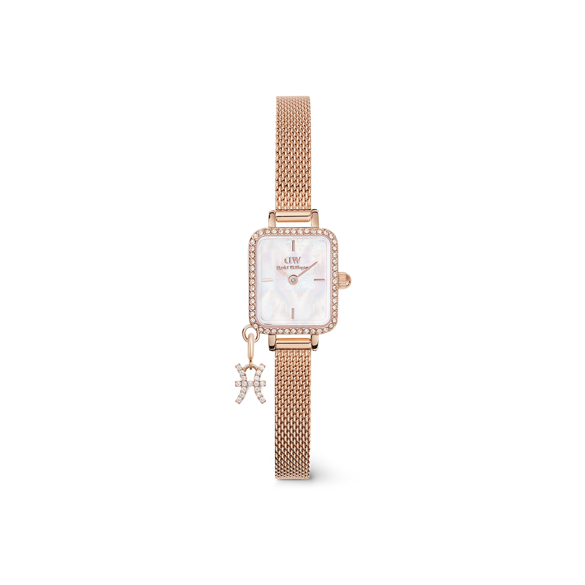 Quadro Mini Crystal Zodiac Melrose Set featuring a rose gold mesh strap, rectangular crystal-trimmed case, white mother of pearl dial, and a sparkling zodiac charm for a personalised finish.