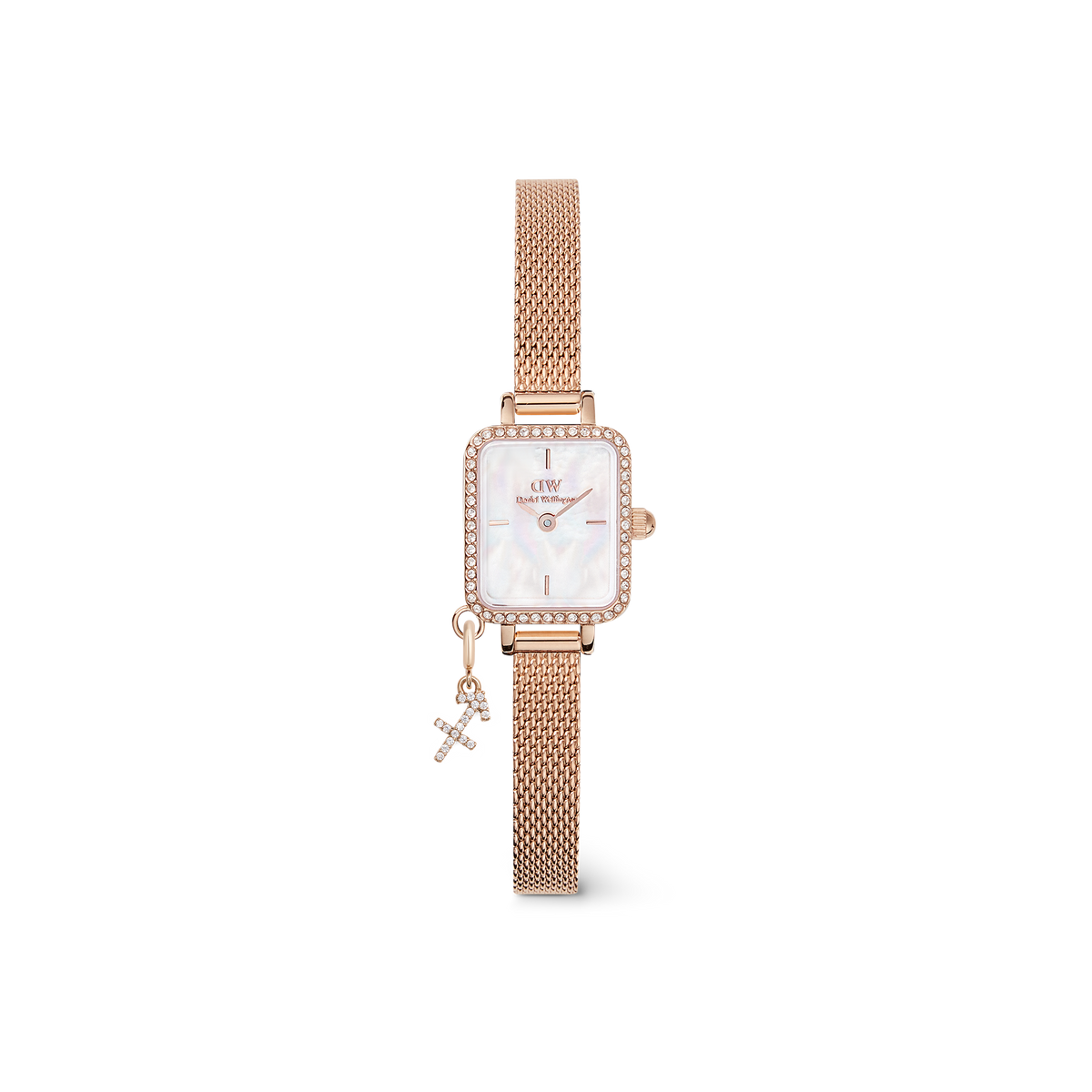 Rose gold Quadro Mini Crystal Zodiac Melrose women’s watch with a rectangular crystal-edged case, white mother of pearl dial, and a mesh strap featuring a sparkling zodiac charm.