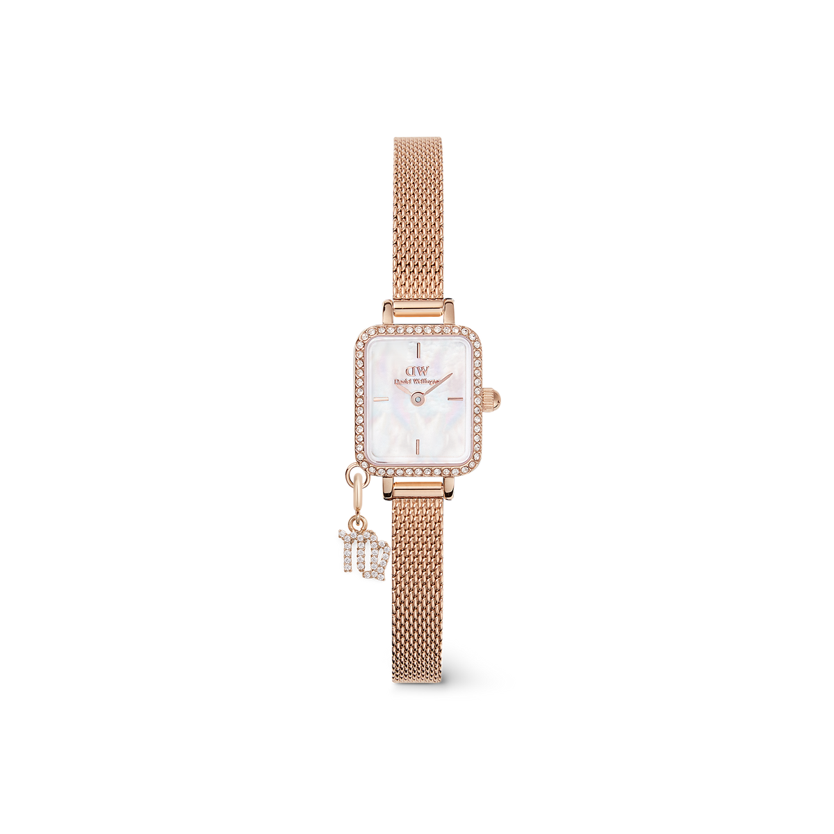 Quadro Mini Crystal Zodiac Melrose women’s watch in rose gold with a rectangular crystal-trimmed case, white mother of pearl dial, mesh strap, and a sparkling zodiac charm for a personalised detail.