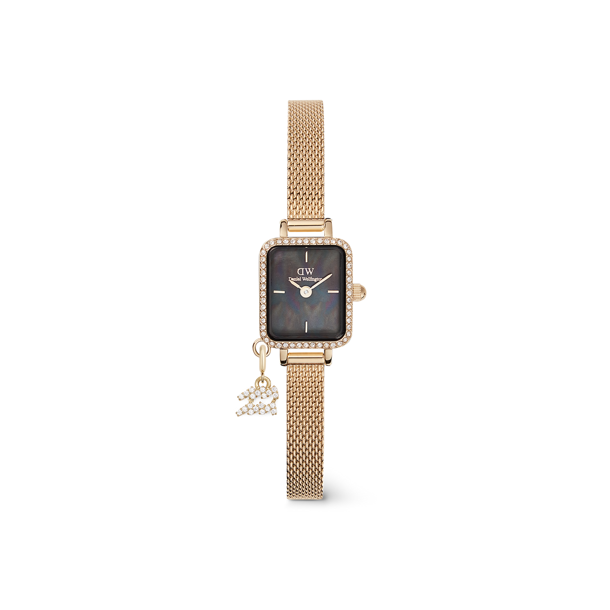 Quadro Mini Crystal Zodiac Evergold watch with a gold mesh strap, rectangular crystal-set case, black mother of pearl dial, and a sparkling zodiac charm for a personalised touch.
