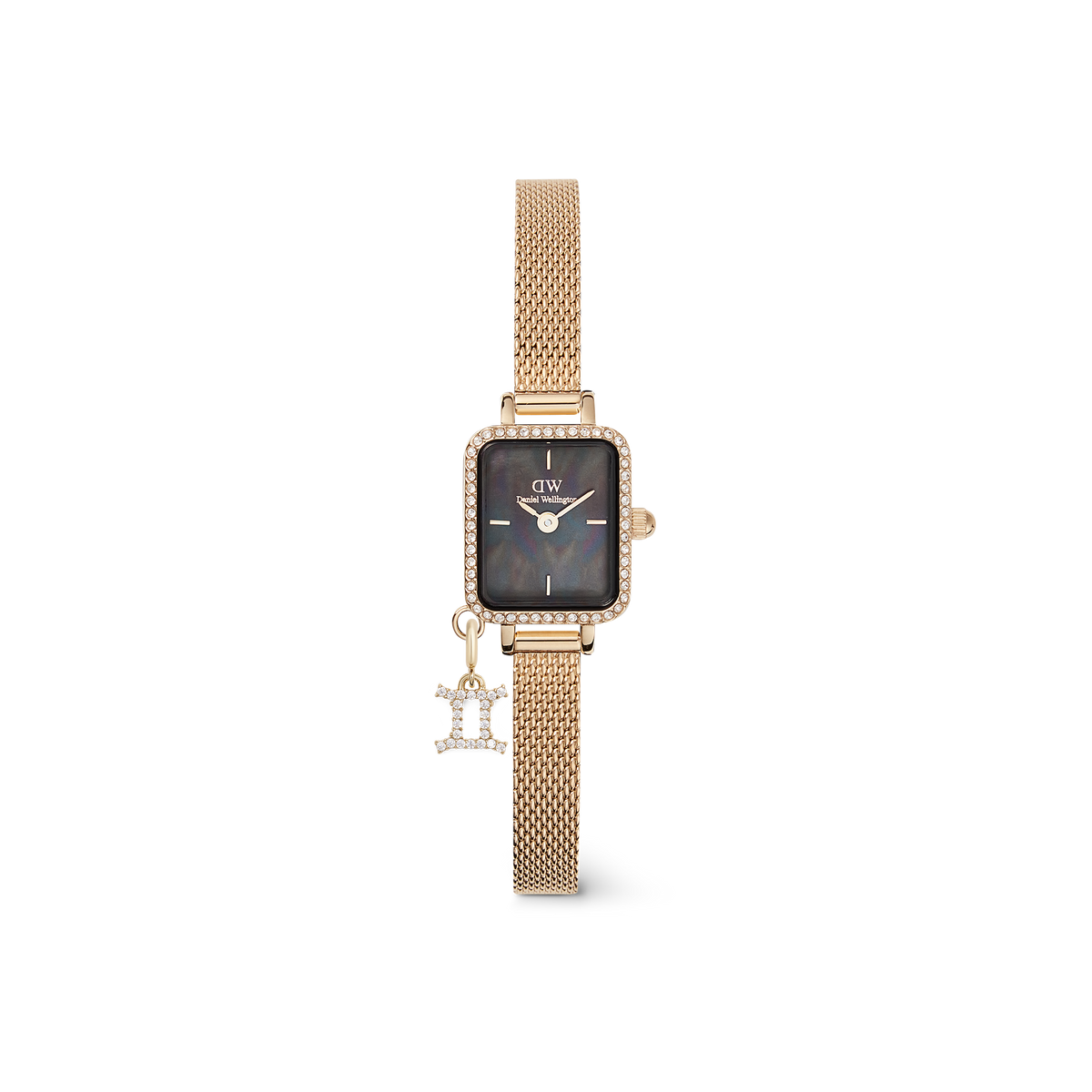 Gold rectangular women’s watch with a black mother of pearl dial, crystal-set bezel, gold mesh strap, and a sparkling Gemini zodiac charm attached.