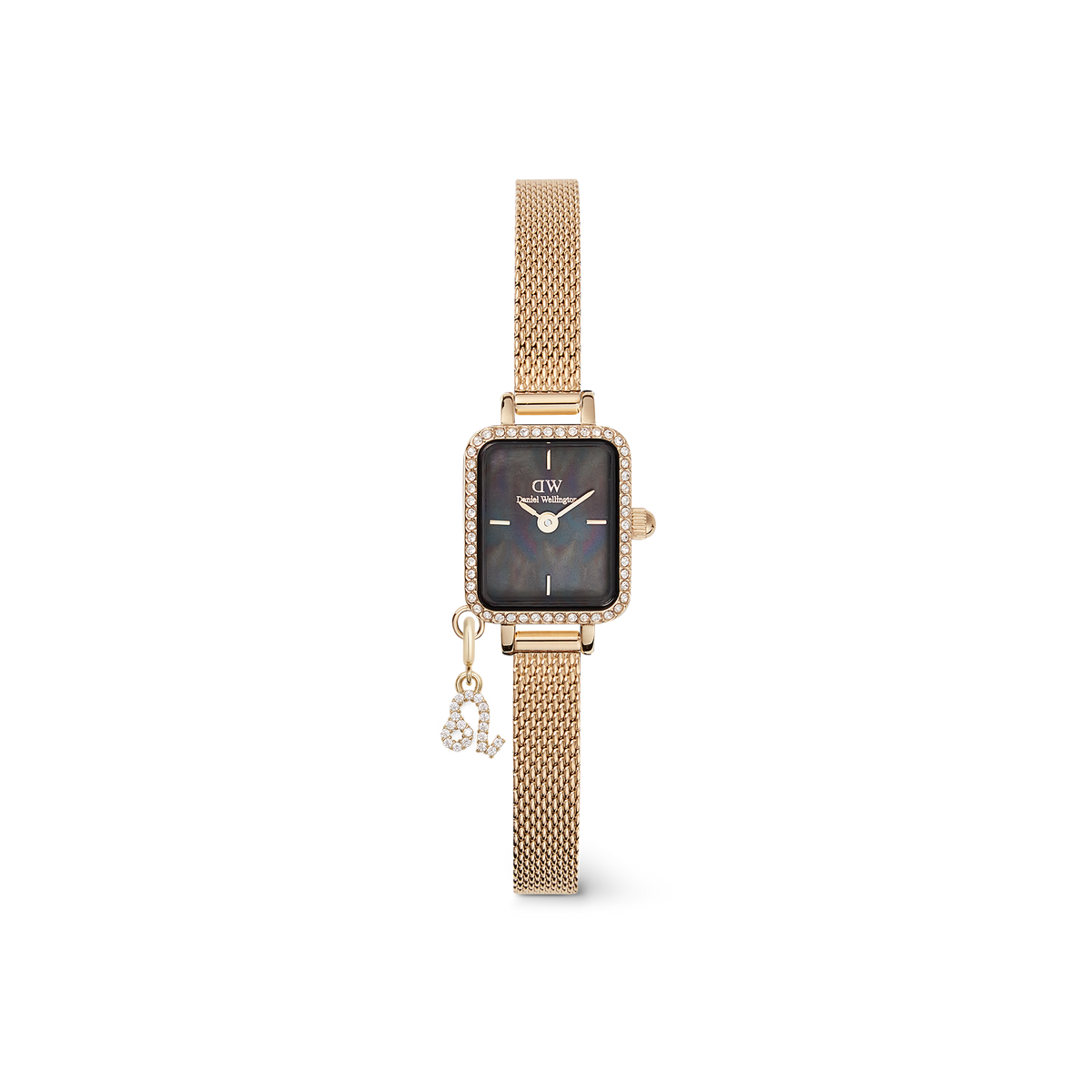 Rectangular gold women’s watch with a black mother of pearl dial, crystal-set bezel, gold mesh strap, and a sparkling Cancer zodiac charm attached.