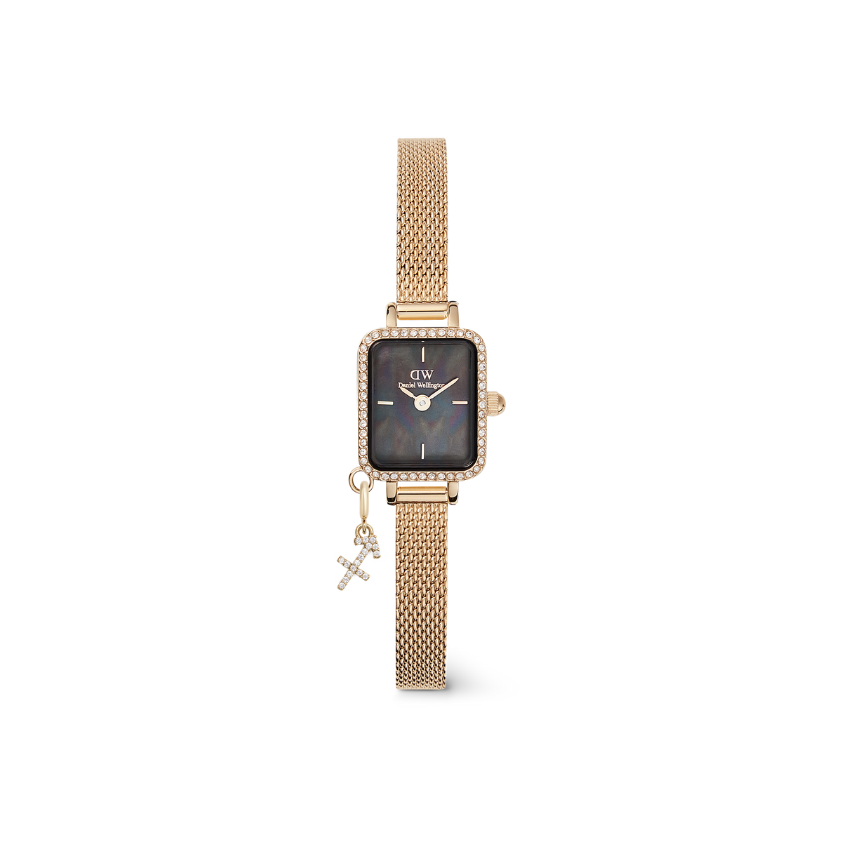 Rectangular gold women’s watch with a black mother of pearl dial, crystal-set bezel, gold mesh strap, and a sparkling Libra zodiac charm.