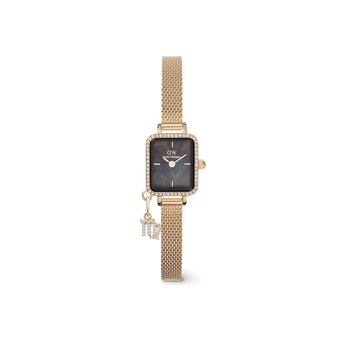 Gold women’s watch with a rectangular crystal-framed case, black mother of pearl dial, gold mesh strap, and a sparkling Capricorn zodiac charm.