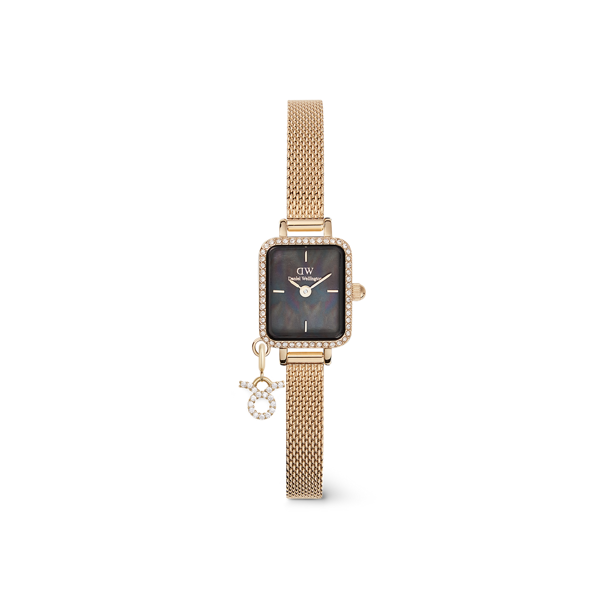 Gold rectangular women’s watch with a black mother of pearl dial, crystal-studded bezel, gold mesh strap, and a sparkling Sagittarius zodiac charm.