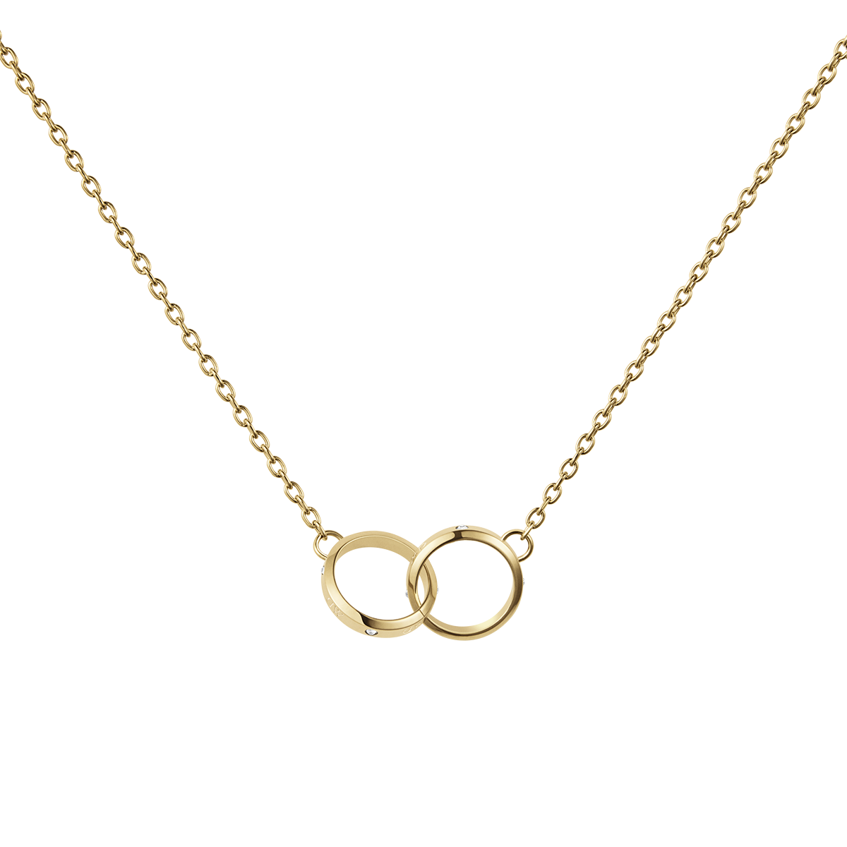 Delicate gold necklace featuring two interlocking circles with a polished finish and subtle crystal accents, suspended on a fine adjustable chain.