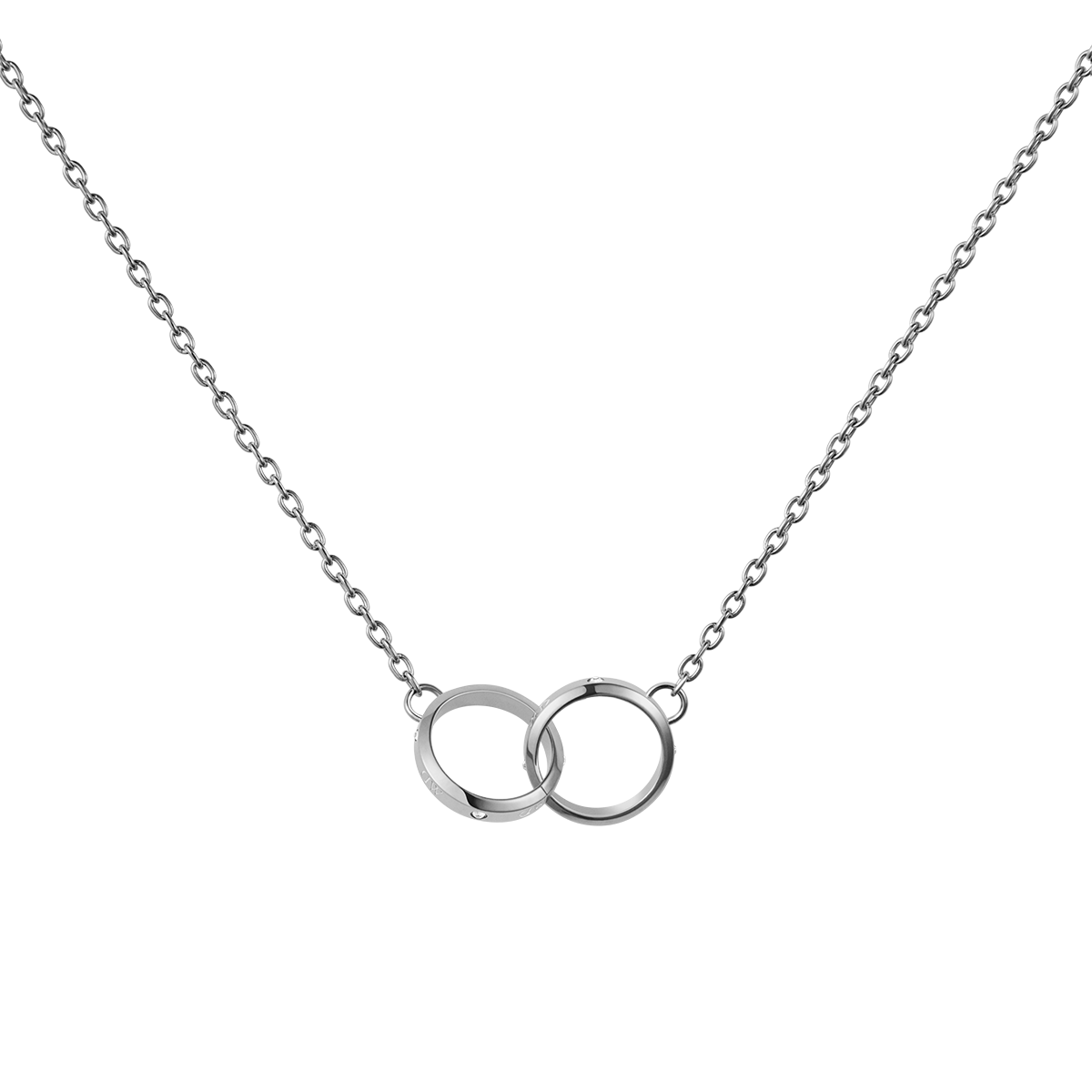 Classic Lumine Unity Silver necklace featuring two interlocking polished silver rings on a delicate adjustable chain.
