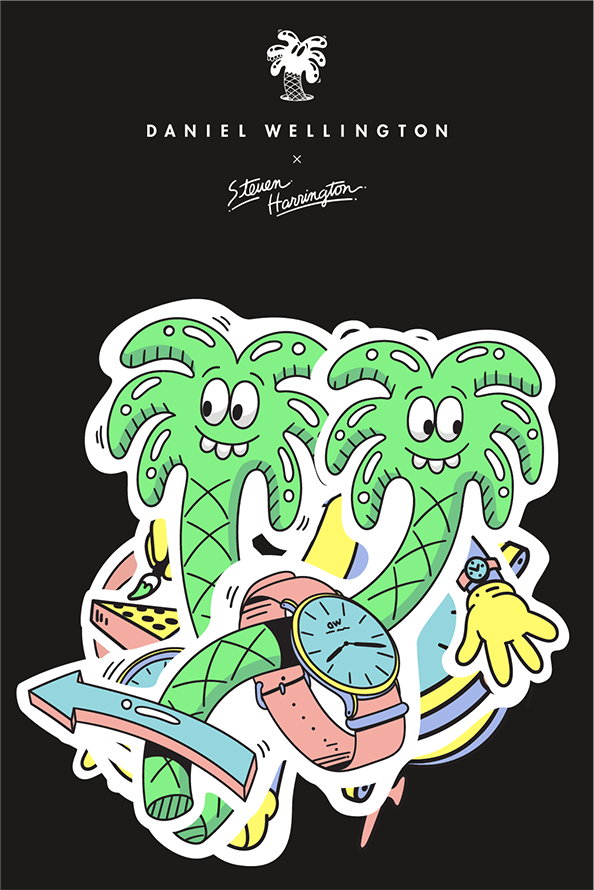 Colourful Steven Harrington sticker featuring two cheerful cartoon palm trees with expressive faces, accented by a Daniel Wellington watch and playful graphic details in vibrant pastel shades. The design blends pop art style with a nod to classic watchmaking, making it ideal for personalising everyday accessories.
