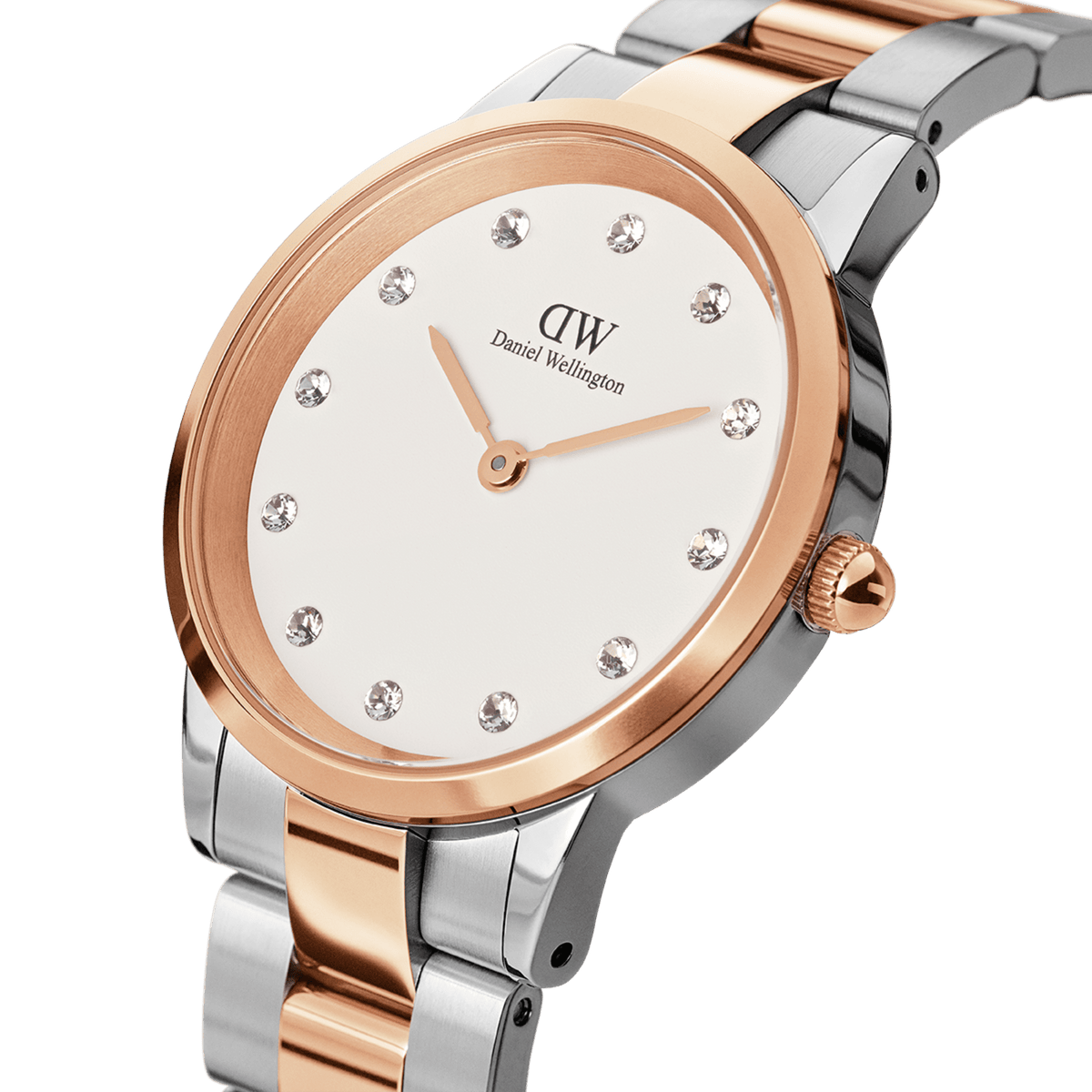 Close-up of the Daniel Wellington Iconic Link Lumine watch, showcasing its eggshell white dial with crystal indexes and a polished two-tone stainless steel and rose gold-plated bracelet.
