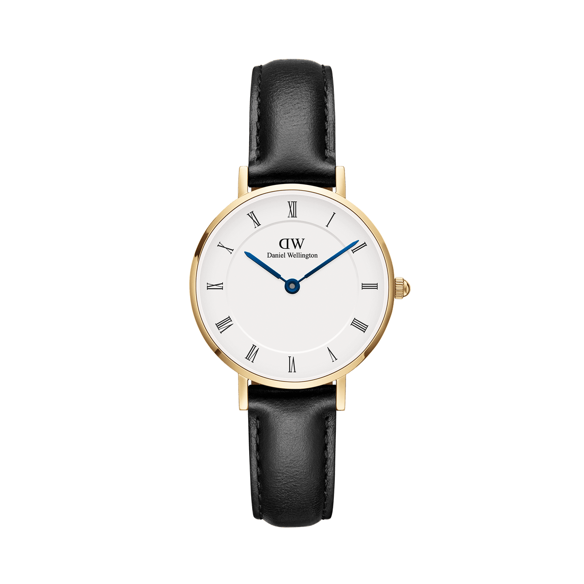 Petite Roman Numerals Sheffield Gold women’s watch with gold case, white dial, blue hands, and black leather strap.