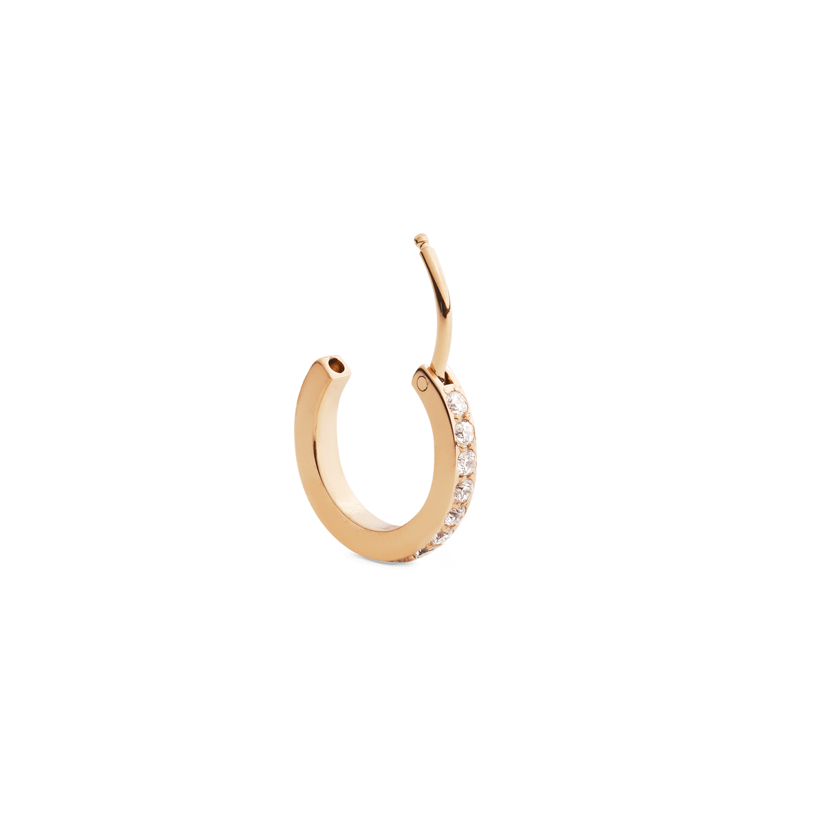 Petite gold hoop earring with a row of sparkling cubic zirconia crystals and a secure clasp, crafted from stainless steel with a polished finish.