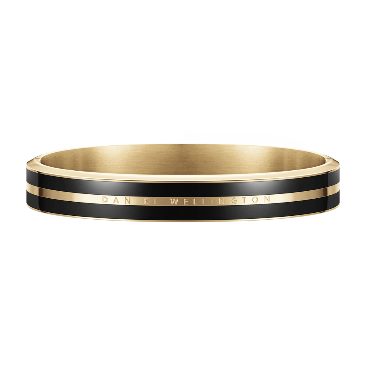 Daniel Wellington Emalie Infinite Gold Black bracelet with polished gold finish, dual black enamel stripes, and subtle engraved branding.