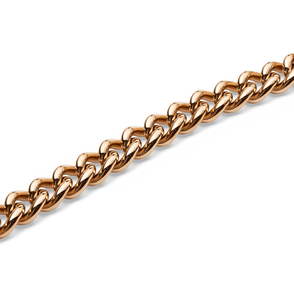 Close-up of the Chunky Chain Necklace Rose Gold, highlighting its polished, rounded curb links and lustrous rose gold finish.