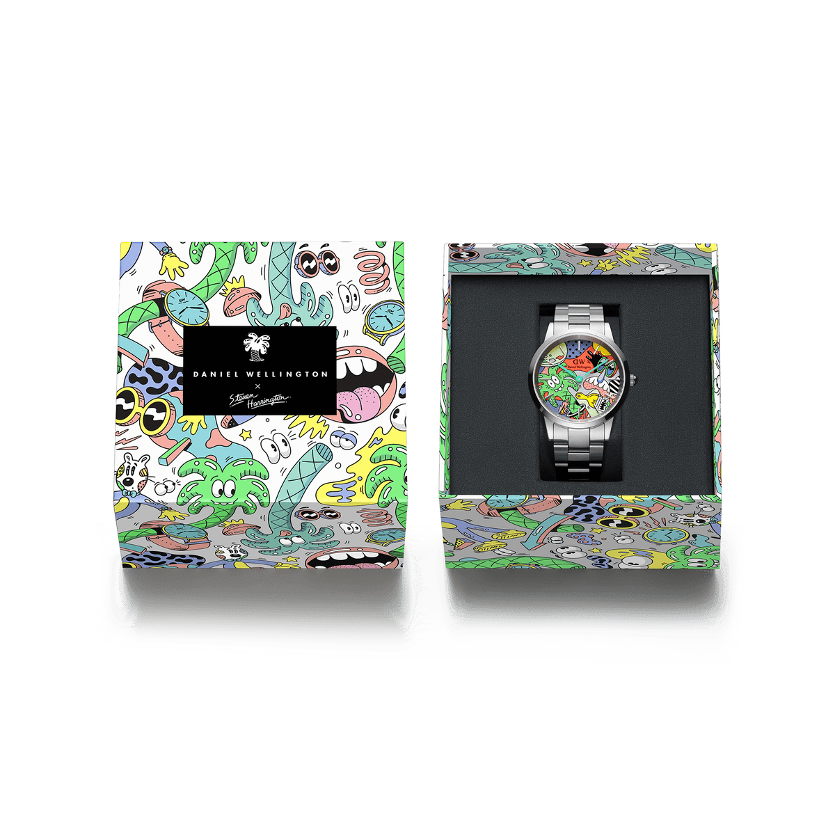 Steven Harrington x Daniel Wellington Iconic Link Multicolor watch displayed in a vibrant, artist-designed gift box featuring playful illustrations that match the colourful dial.