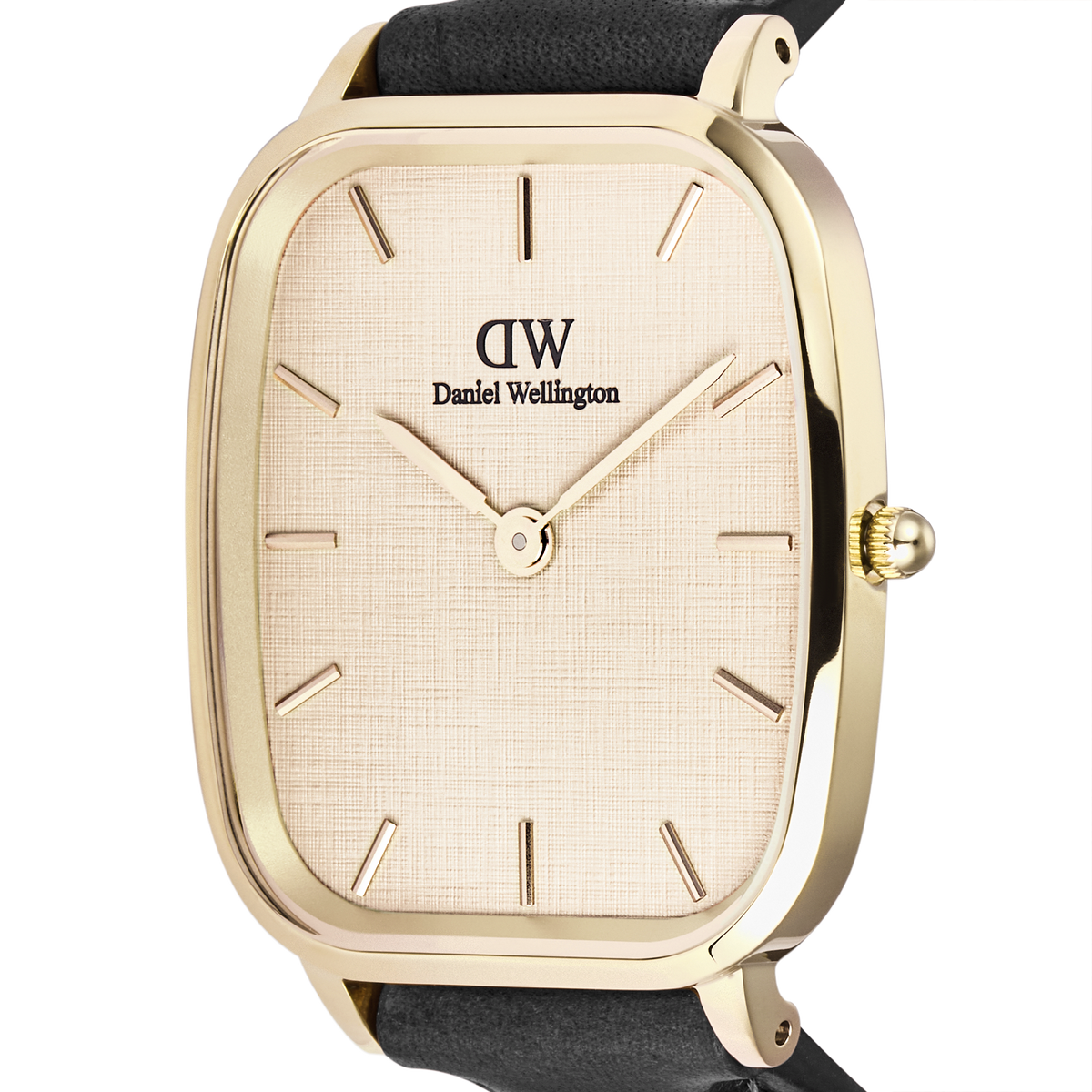 Close-up of the Marlon Sheffield Linen Gold watch by Daniel Wellington, showcasing its gold cushion-shaped case, linen-embossed dial, minimalist gold hour markers, and part of the black leather strap.